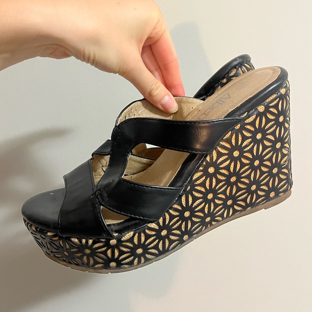 Cork black leather wedges with intrigate floral pattern layover